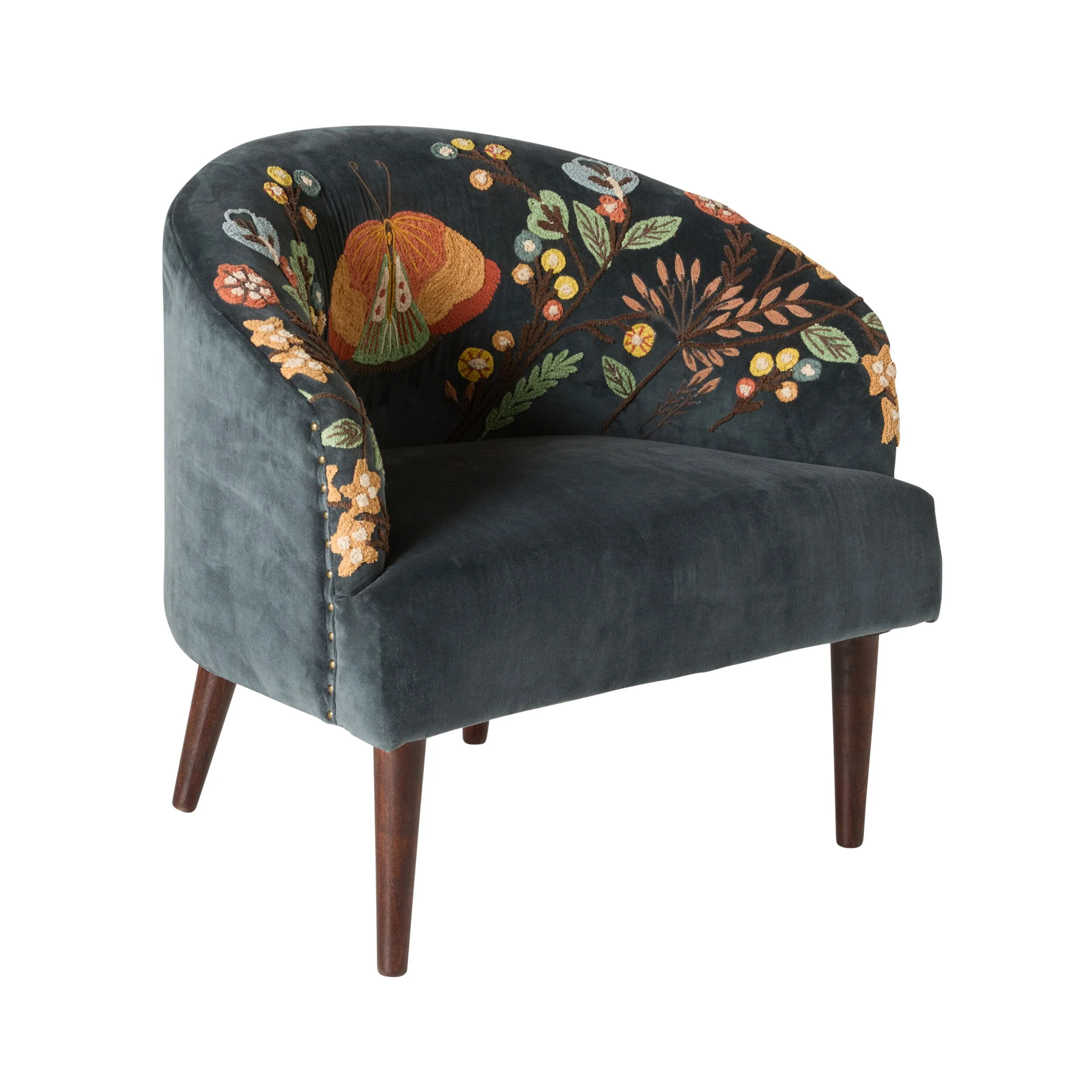 Freya Embroidered Occasional Chair Blue Velvet