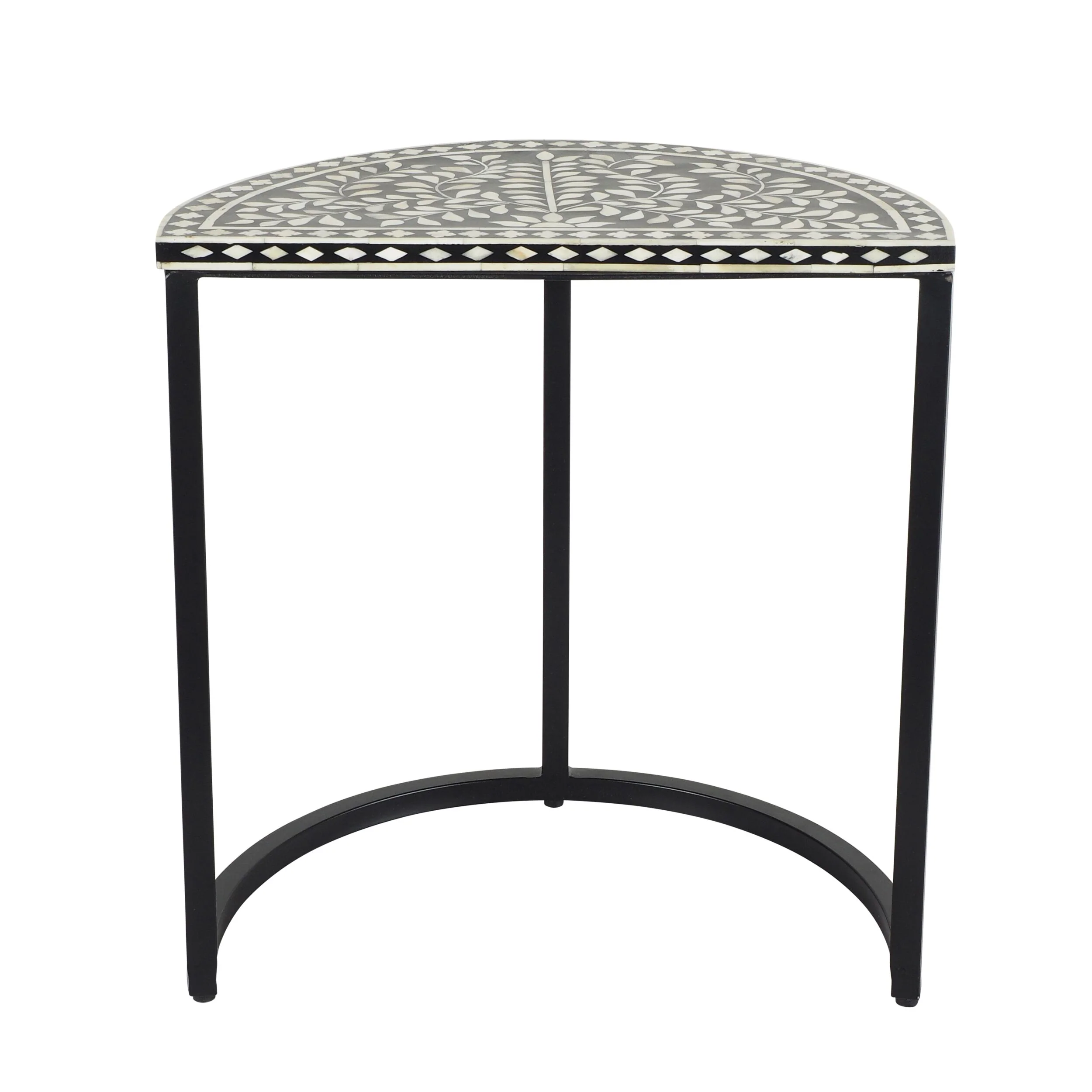 Bone Inlay Half Moon Side Table Black with Black Frame 44cm