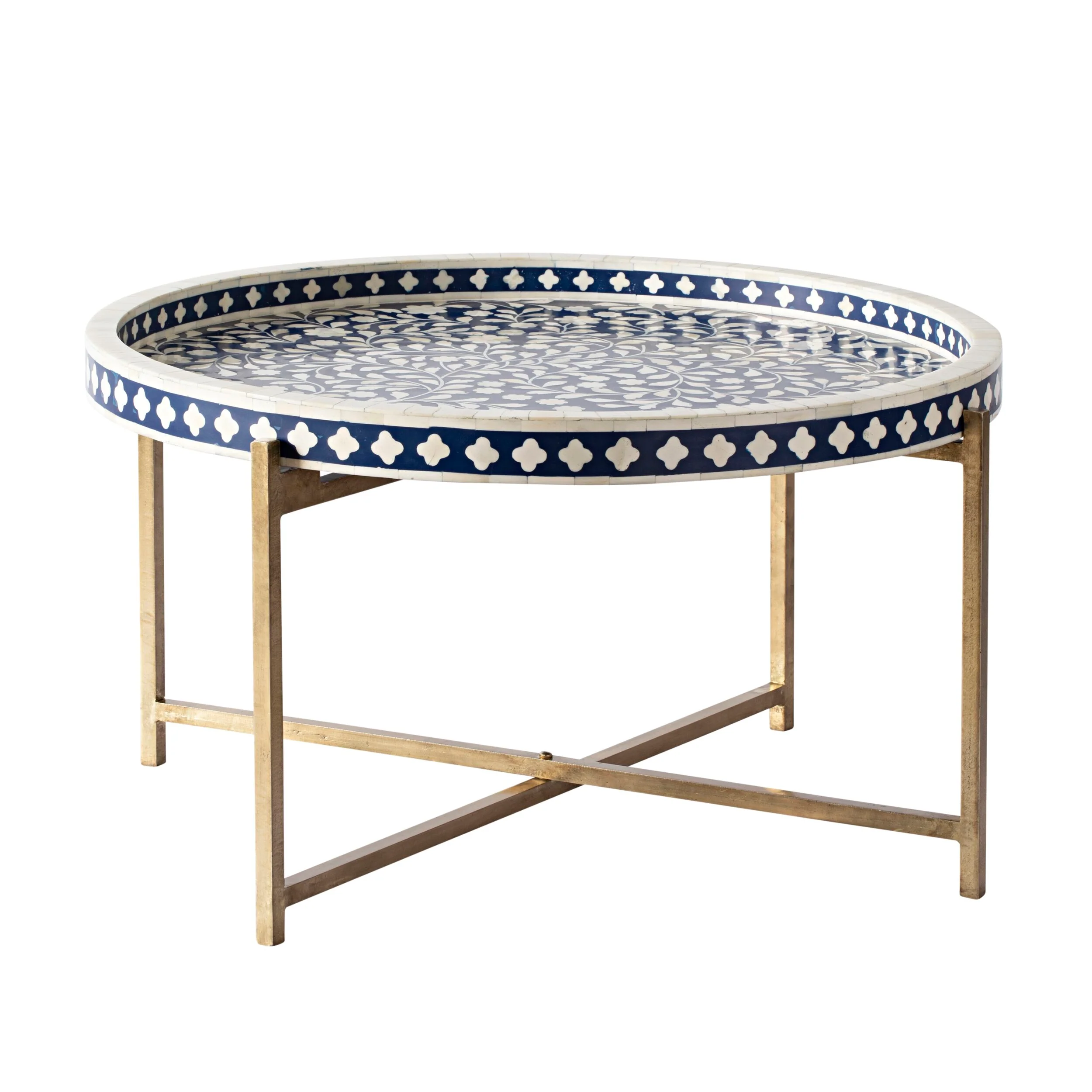 Bone Inlay Round Coffee Table Blue with Gold Frame 75cm