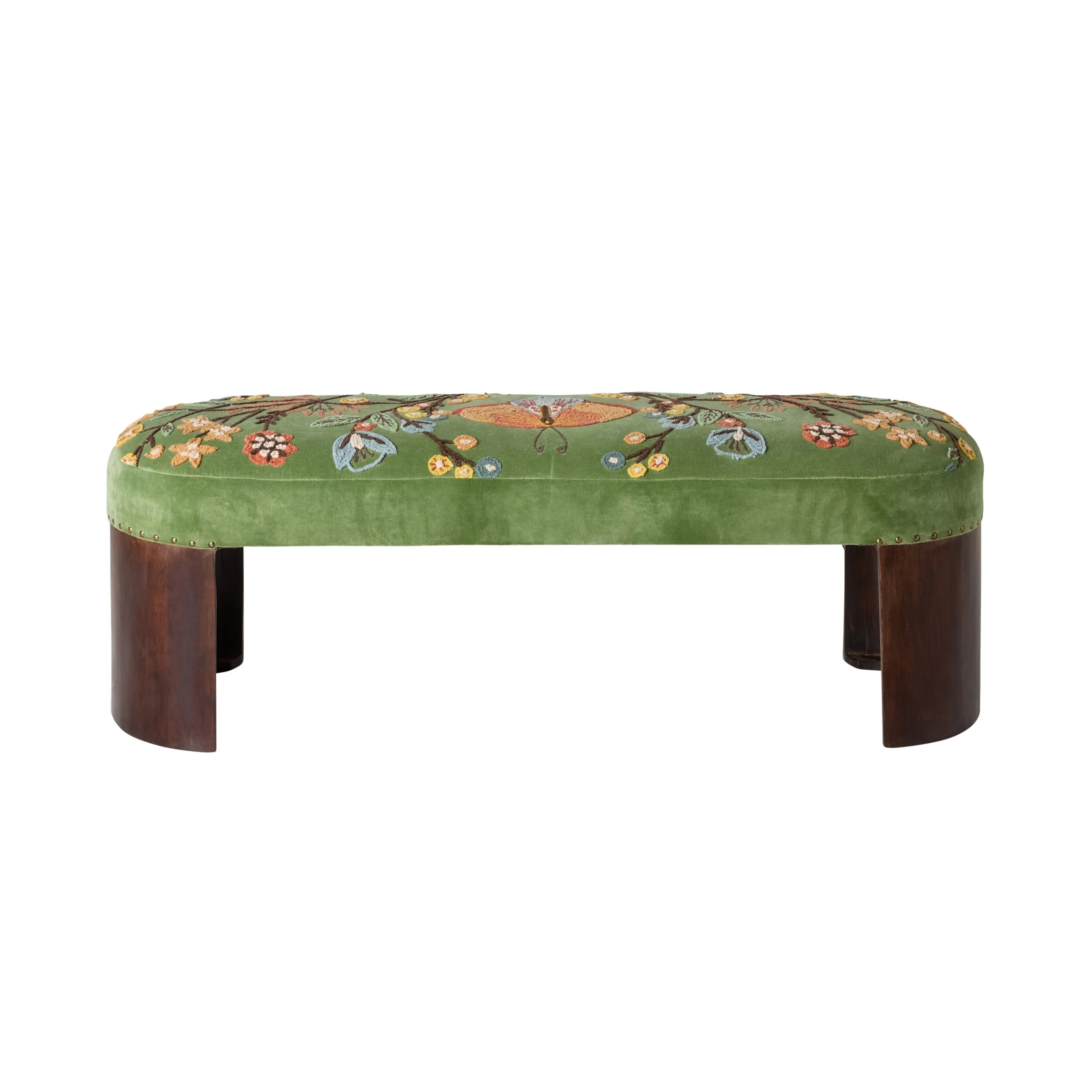 Freya Embroidered Bench Green Velvet