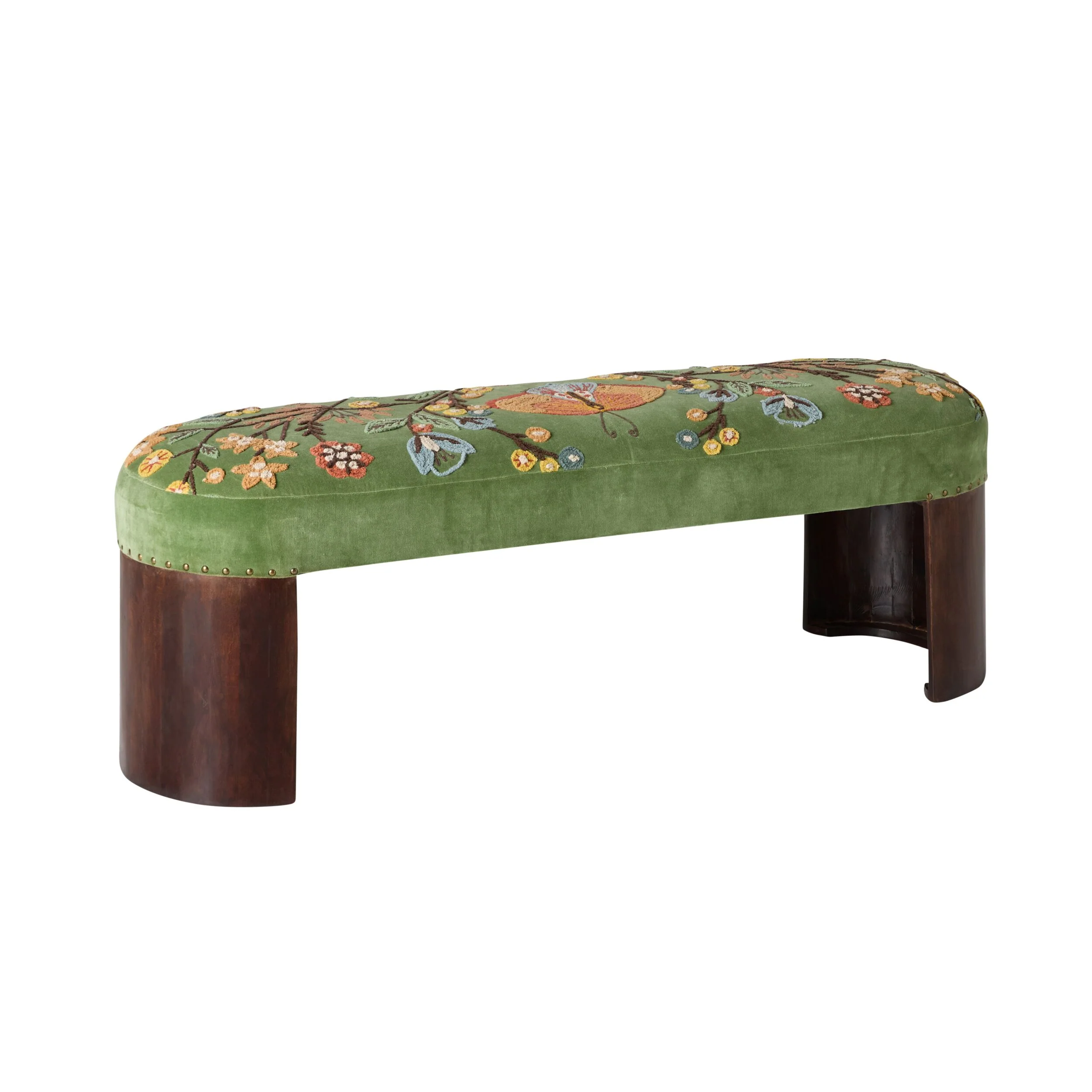 Freya Embroidered Bench Green Velvet