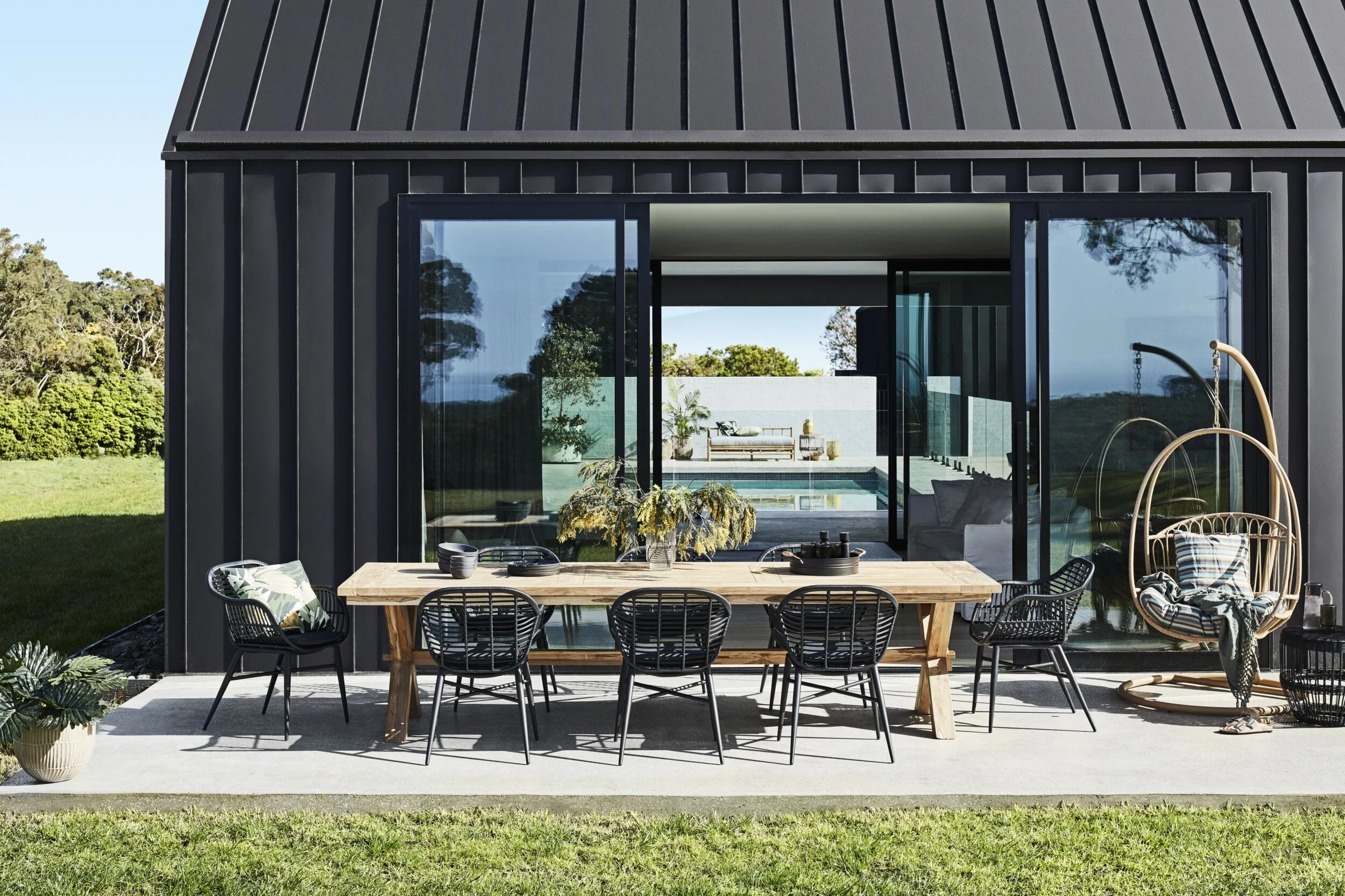 Reclaimed Teak Dining Table 320cm with 8 Black Wicker Deck Chairs